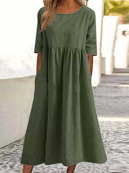 Women's Casual Linen Blend Loose Fit Midi Dress with Pockets