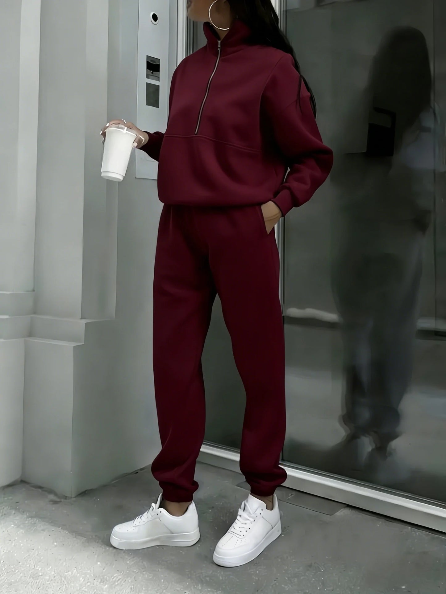 Women's Half-Zip Sweatshirt & Elastic Waist Tracksuit 2-Piece Set