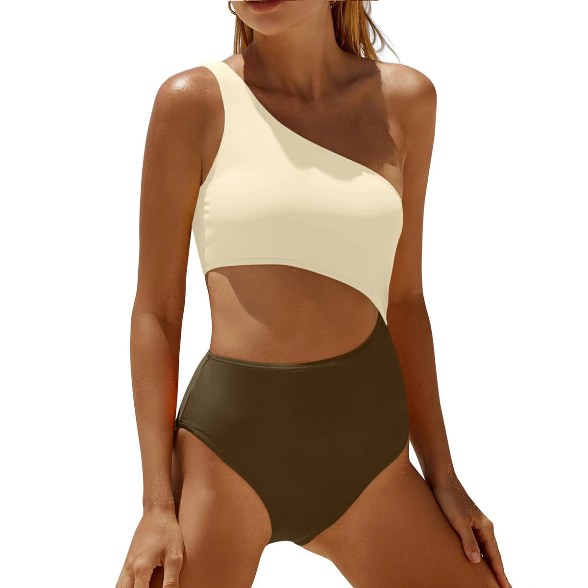 Women's Fashion Color Block One-Shoulder One-Piece Swimsuit