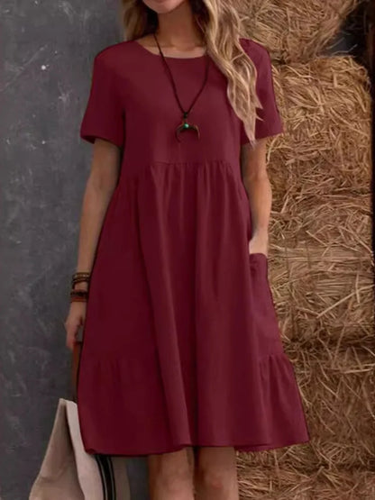 Women's Round Neck 100% Linen Loose Fit Summer Midi Dress with Pockets