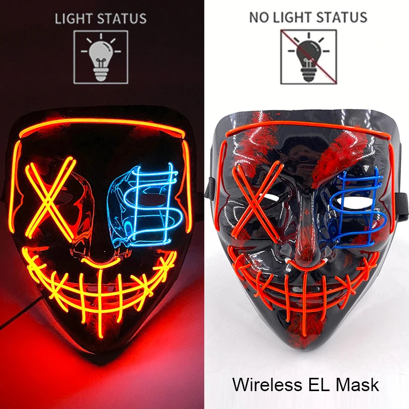 LED Light-Up Neon Wire Purge Mask – 3-Mode Halloween Horror Cosplay Mask for Adults