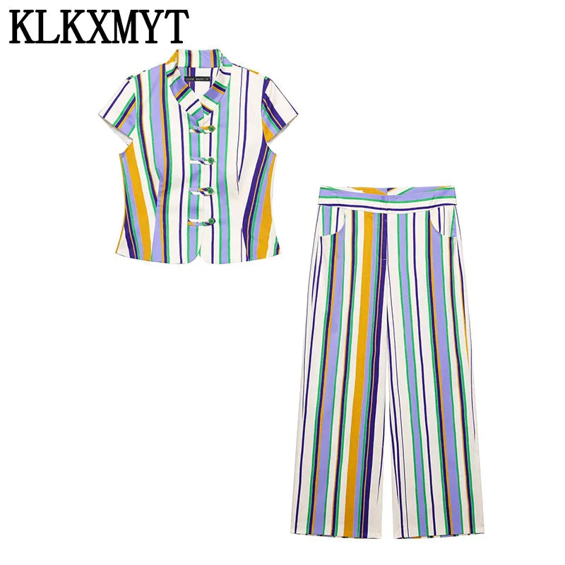 Women's Chic Striped Sleeveless Top & Straight-Leg Trousers 2-Piece Set