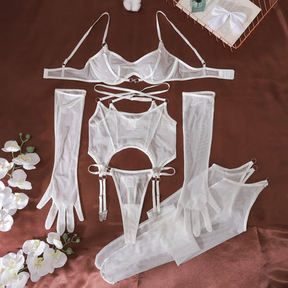 Women's Ultra-Thin Sheer Mesh Lingerie Set with Matching Stockings