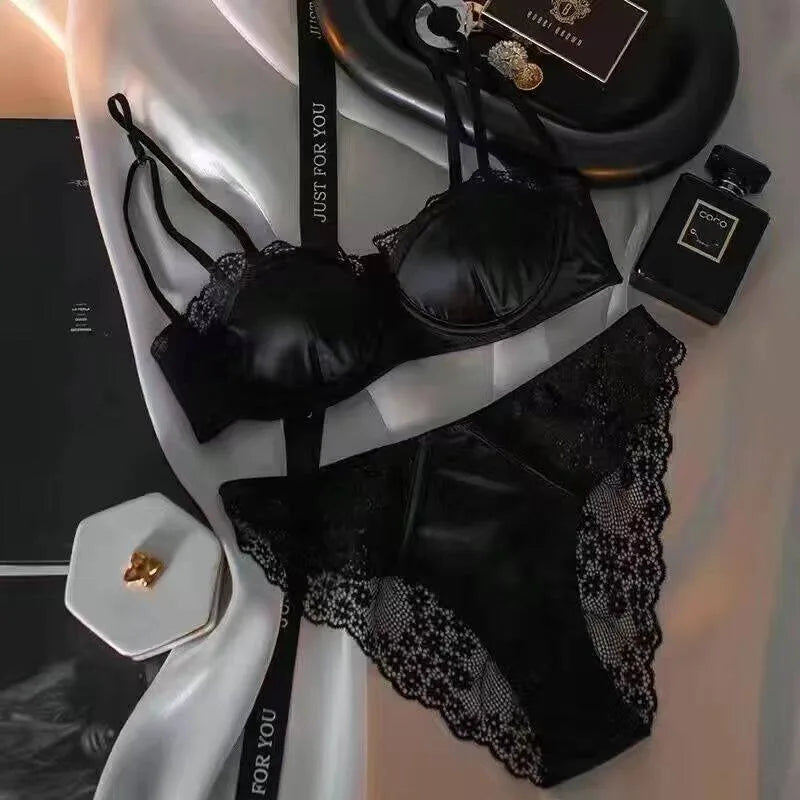 Satin Half-Cup Underwire Bra & Lace Trim Lingerie Set