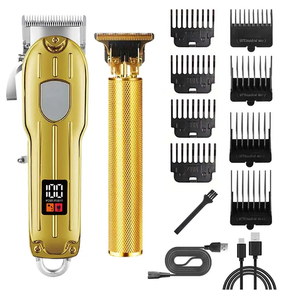 Professional Cordless Hair Clipper & Trimmer Set – USB Rechargeable Grooming Kit with LCD Display