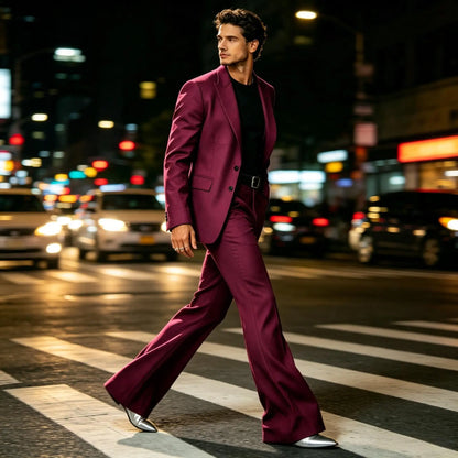 Men's Slim Fit Notched Lapel Blazer & Flared Pants 2-Piece Formal Suit Set