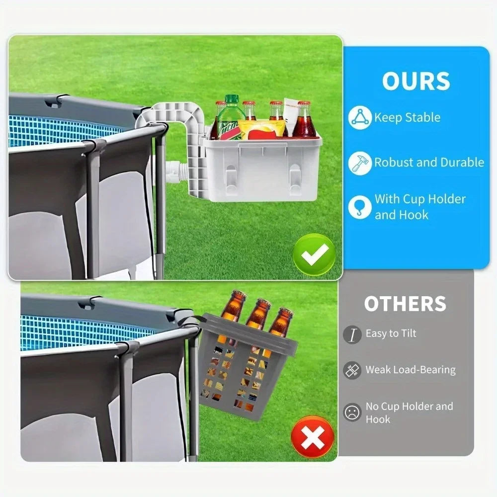 3-in-1 Above Ground Poolside Storage Basket with Cup Holder & Utility Hooks – Heavy-Duty Organizer for Pool Accessories