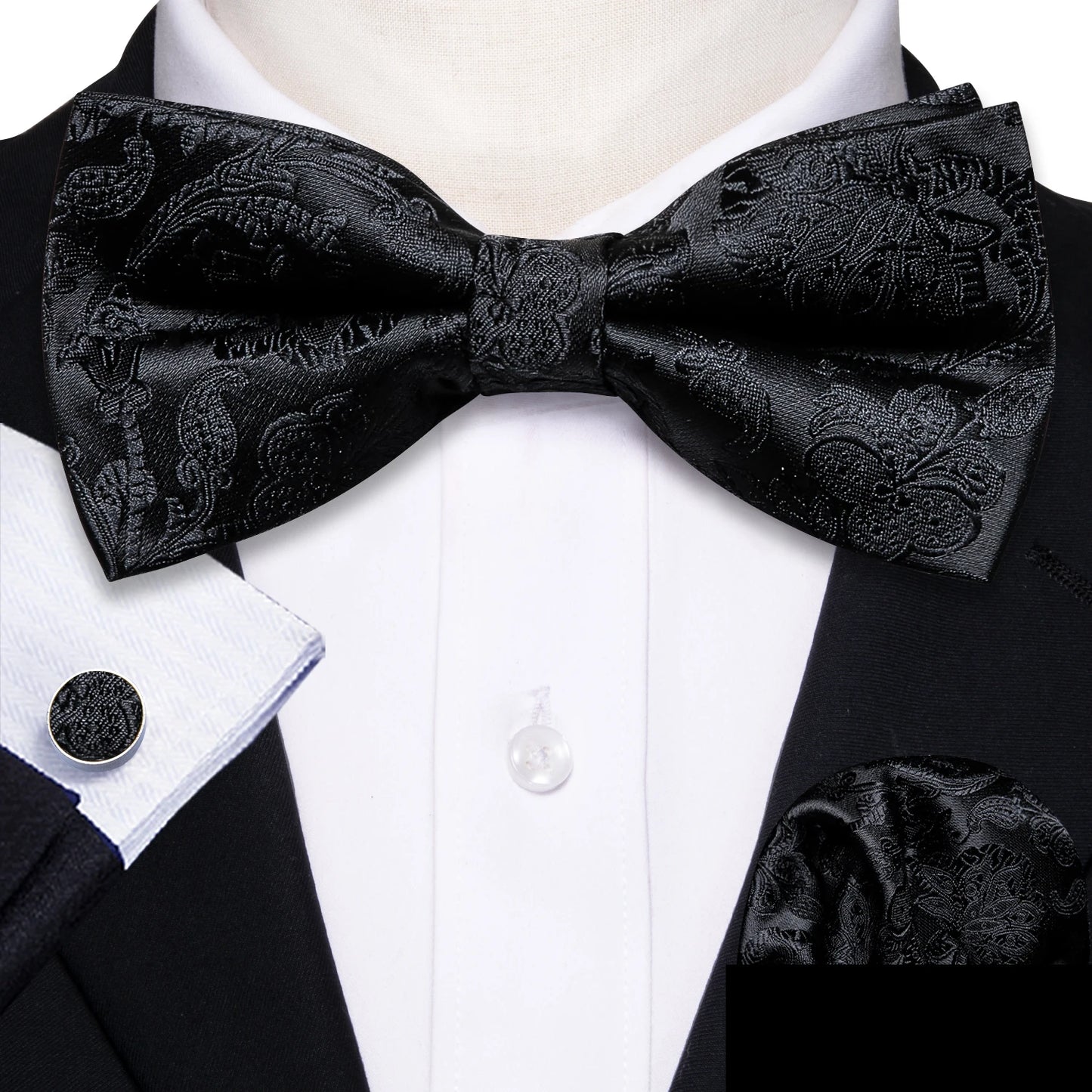 Barry.Wang Silk Bow Tie Hanky Cuffs Set