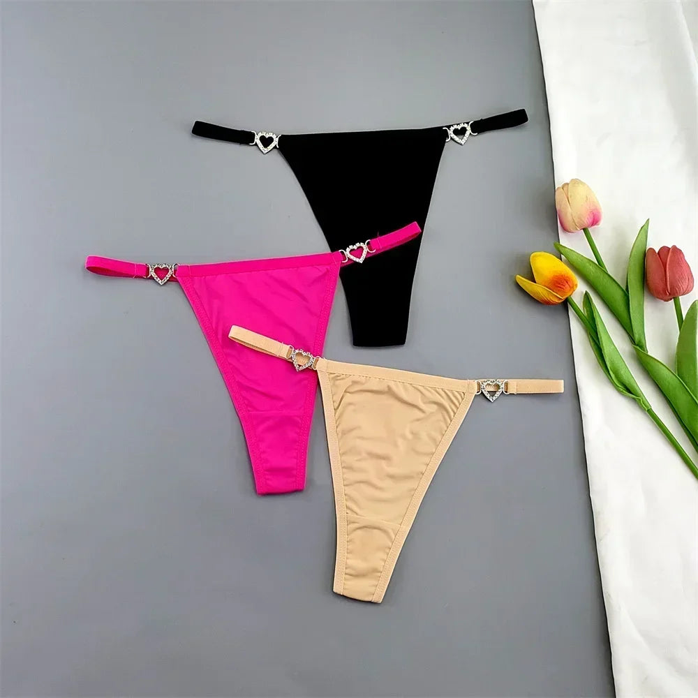 3Pcs Women's Seamless Ice Silk Thong Set - Low Waist Thin Strap G-String Panties with Rhinestone Buckle