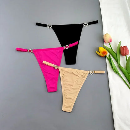 3Pcs Women's Seamless Ice Silk Thong Set - Low Waist Thin Strap G-String Panties with Rhinestone Buckle