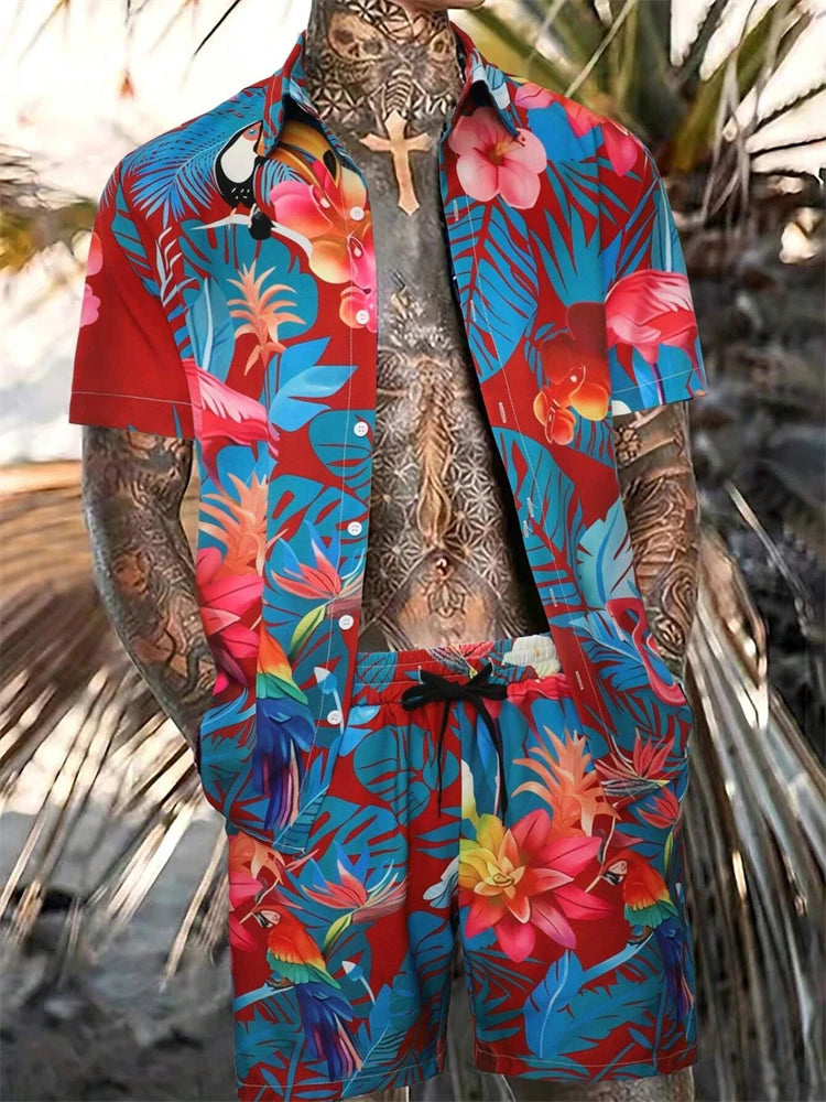 Hawaiian Print Short-Sleeved Shirt & Shorts Set