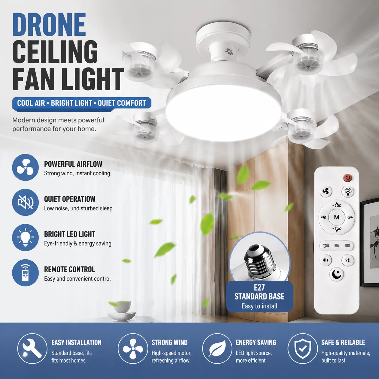 Drone-Style LED Ceiling Fan Light with Remote Control