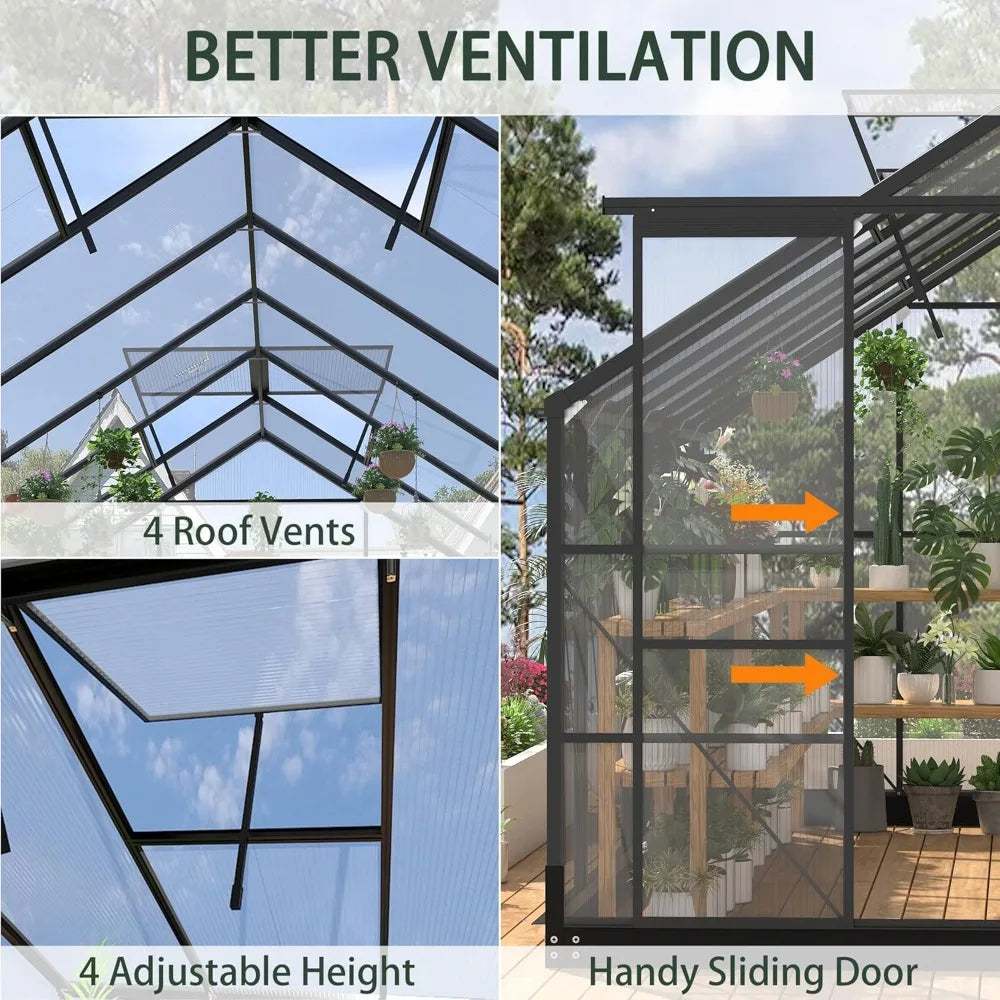 8x16 ft Polycarbonate Greenhouses with 4 Adjustable Roof Vents