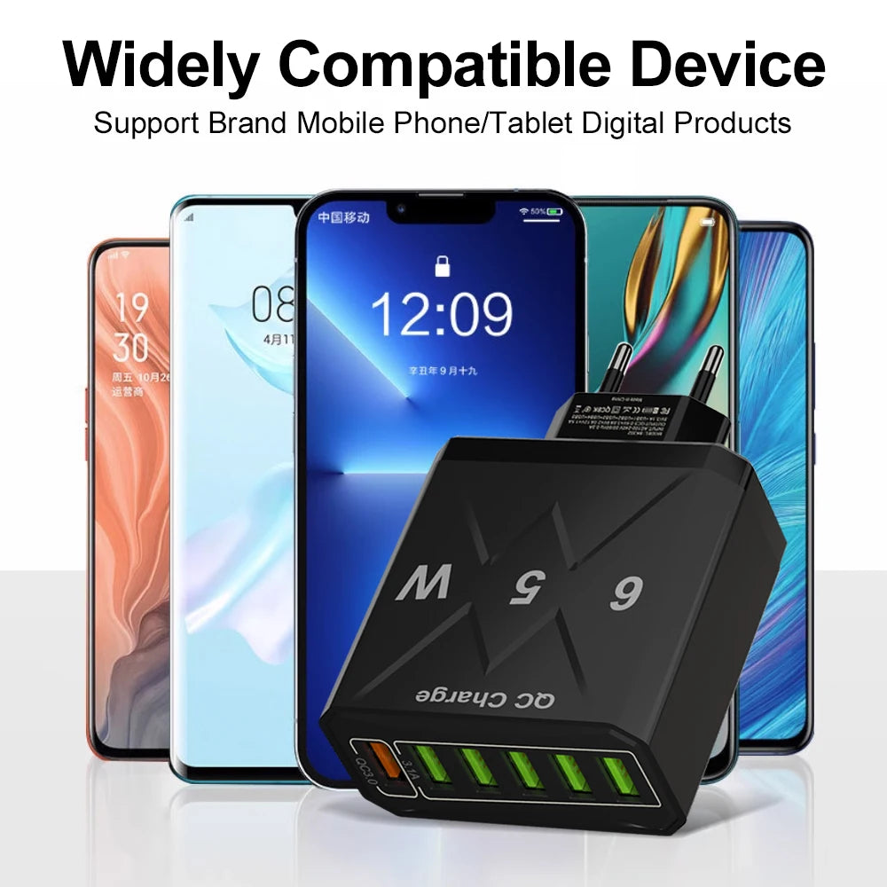 65W 6 Ports USB Fast Charging QC3.0 Travel Charger