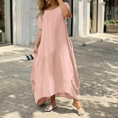 Women's Round Neck Cotton Linen Casual Pocket Summer Midi Dress