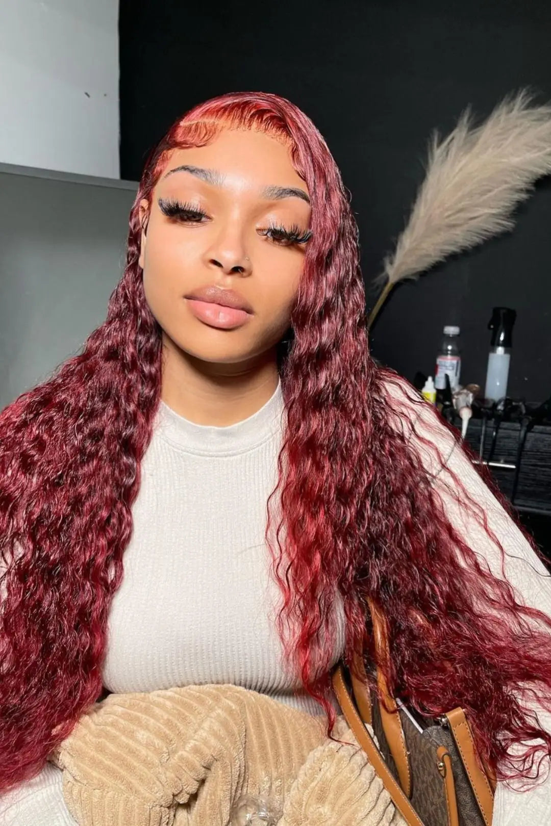 34" 99J Burgundy Wine Red Lace Front Wigs With Natural Deep Wave