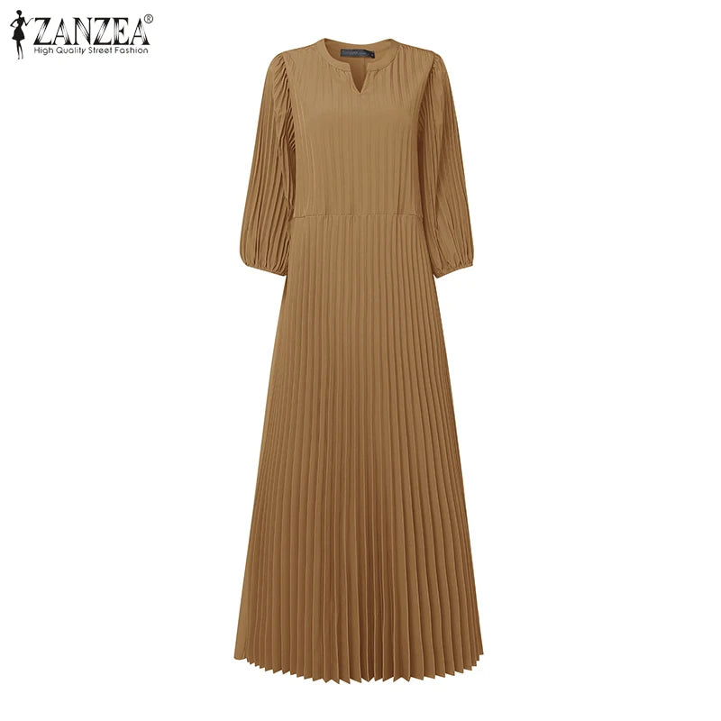 ZANZEA Women's V-Neck Pleated Maxi Dress - Casual Loose Fit 3/4 Lantern Sleeve Long Sundress with Belt