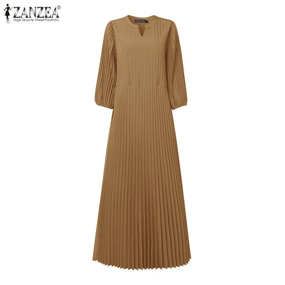 ZANZEA Women's V-Neck Pleated Maxi Dress - Casual Loose Fit 3/4 Lantern Sleeve Long Sundress with Belt