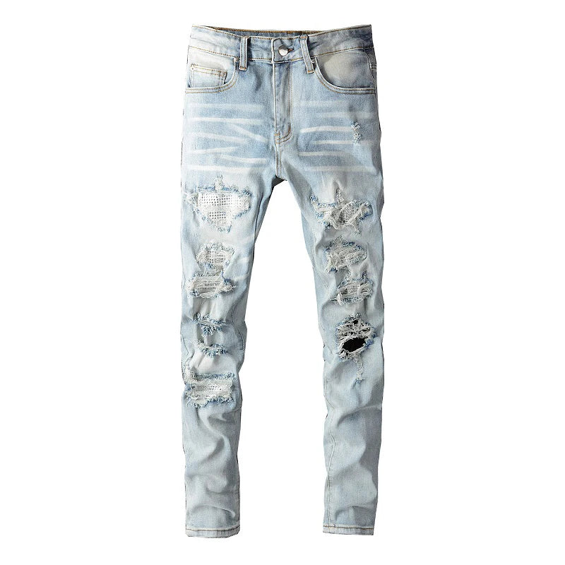 Men's Crystal Ripped Patchwork Slim Skinny Jeans