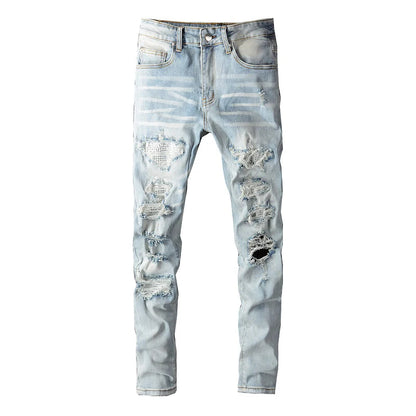 Men's Crystal Ripped Patchwork Slim Skinny Jeans