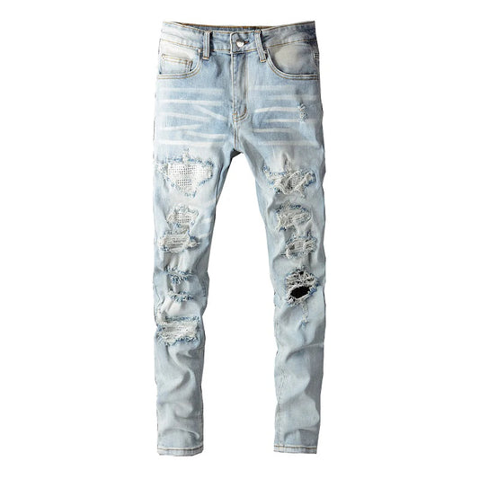 Men's Crystal Ripped Patchwork Slim Skinny Jeans