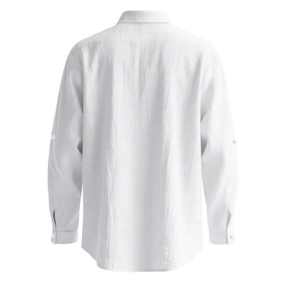 Men's White Linen Button-Down Mandarin Collar Vacation Shirt