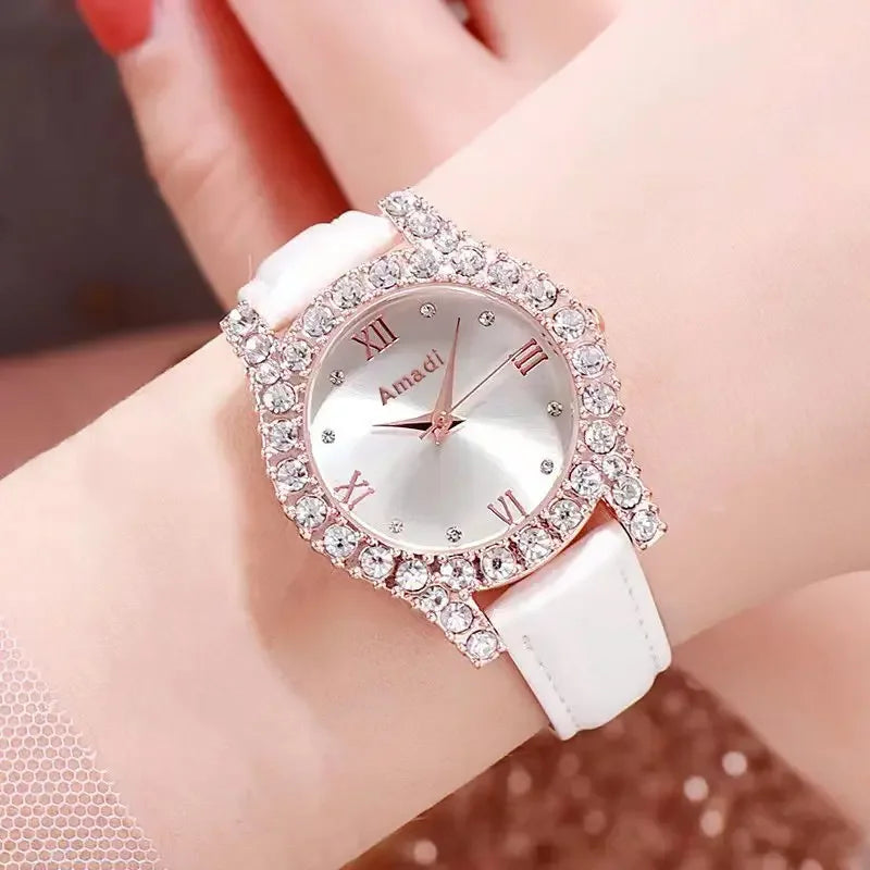 Elegant Rhinestone Leather Strap Quartz Watch