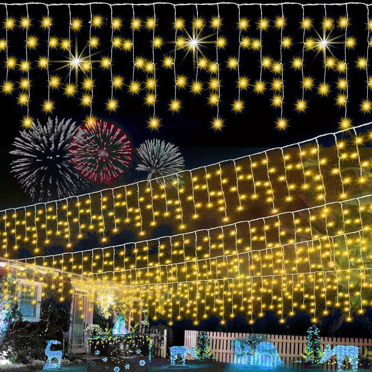 Outdoor Waterproof LED Icicle Curtain Lights - 8 Lighting Modes Christmas & Holiday Solar String Lights