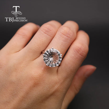 14K White Gold Natural White Quartz Gemstone Ring - 15mm Round Cut Solitaire