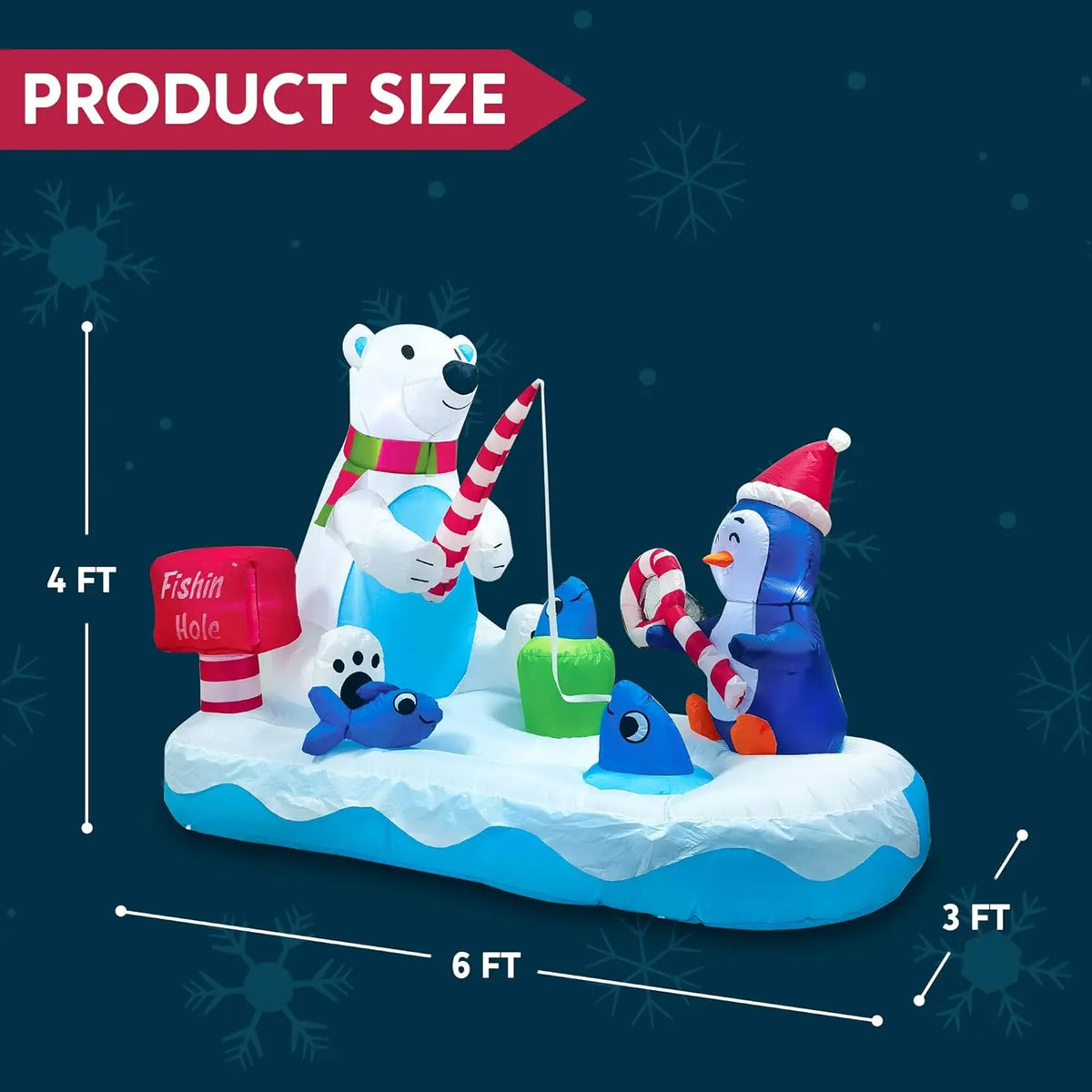 6 FT Long Christmas Inflatable Penguin & Polar Bear Fishing Yard Decoration