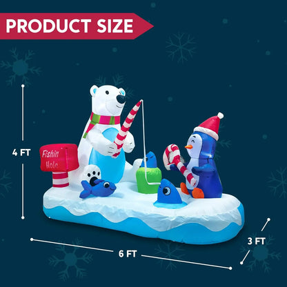 6 FT Long Christmas Inflatable Penguin & Polar Bear Fishing Yard Decoration