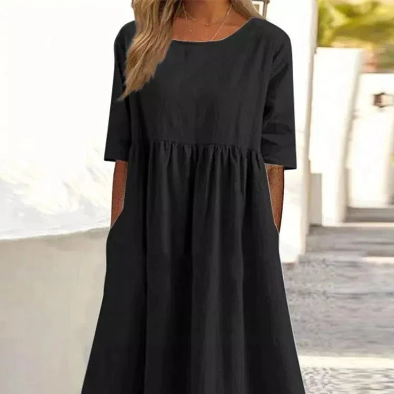 Women's Casual Linen Blend Loose Fit Midi Dress with Pockets