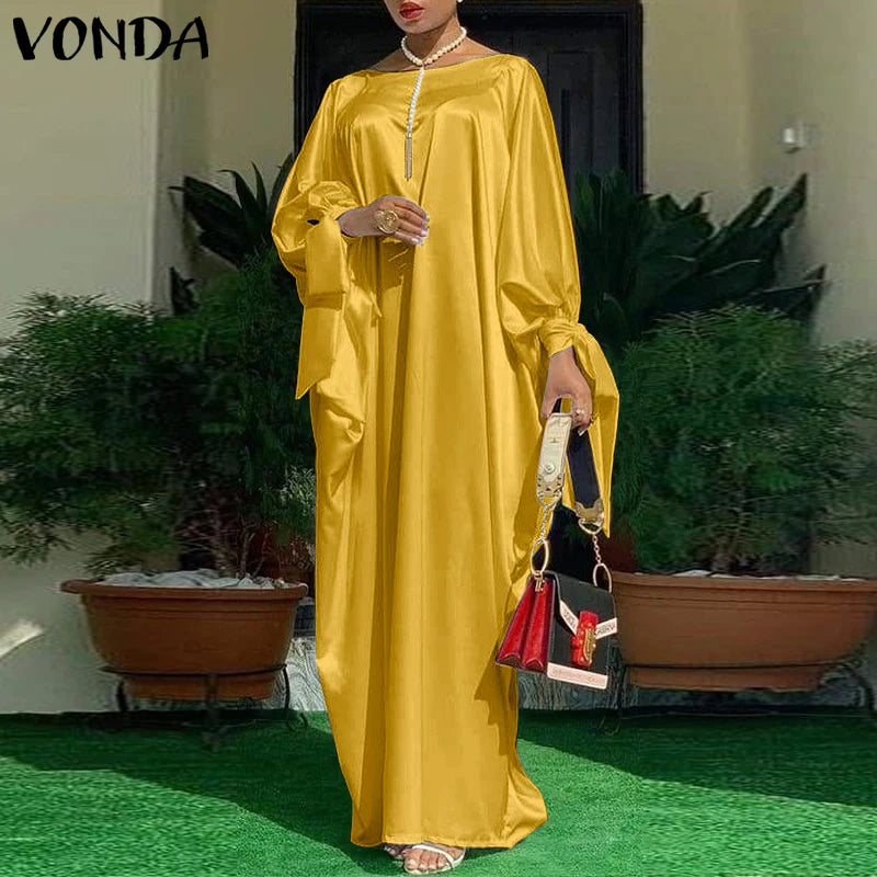 Women’s Long Sleeve Satin Maxi Dress – Vintage Floral Print Boho Sundress