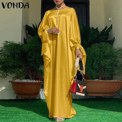 Women’s Long Sleeve Satin Maxi Dress – Vintage Floral Print Boho Sundress