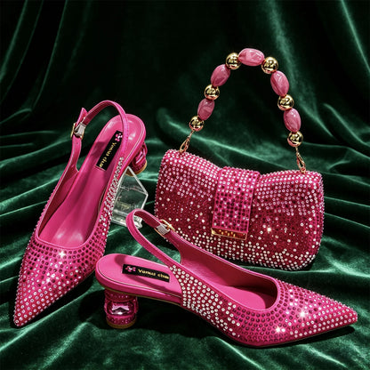 Emerald Green Rhinestone High Heels & Matching Handbag Set