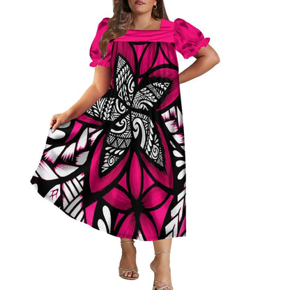 Women's Short-Sleeve Puff Sleeve Square Neck Midi Dress
