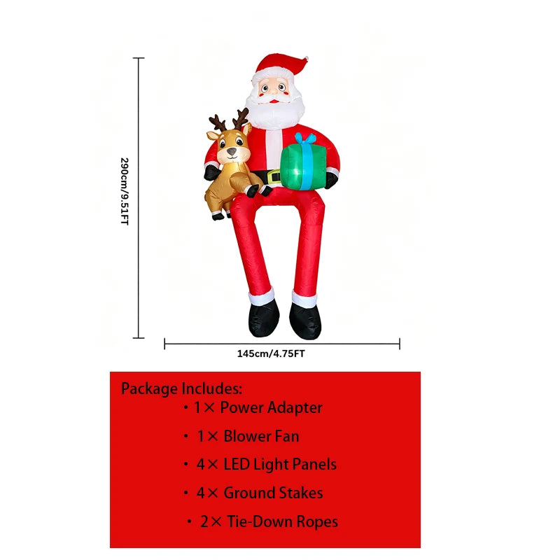 9.5FT Giant Christmas Inflatable Santa Claus Sitting on Roof with Reindeer and Gift Box