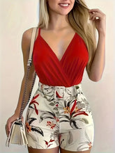 Cross-border V-neck Camisole and Plant Print Shorts Set with Belt