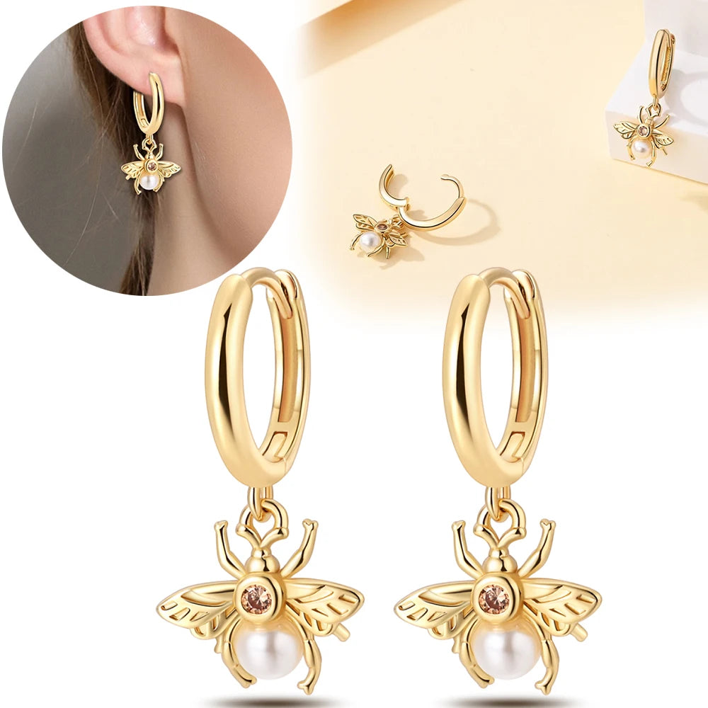 925 Sterling Silver Dancing Bee Hoop Earrings – Cute Enamel Zircon Jewelry