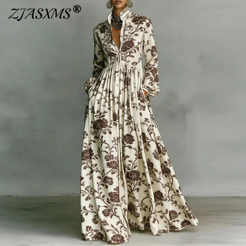 Women's Retro Print High-Waist Boho Shirt Dress