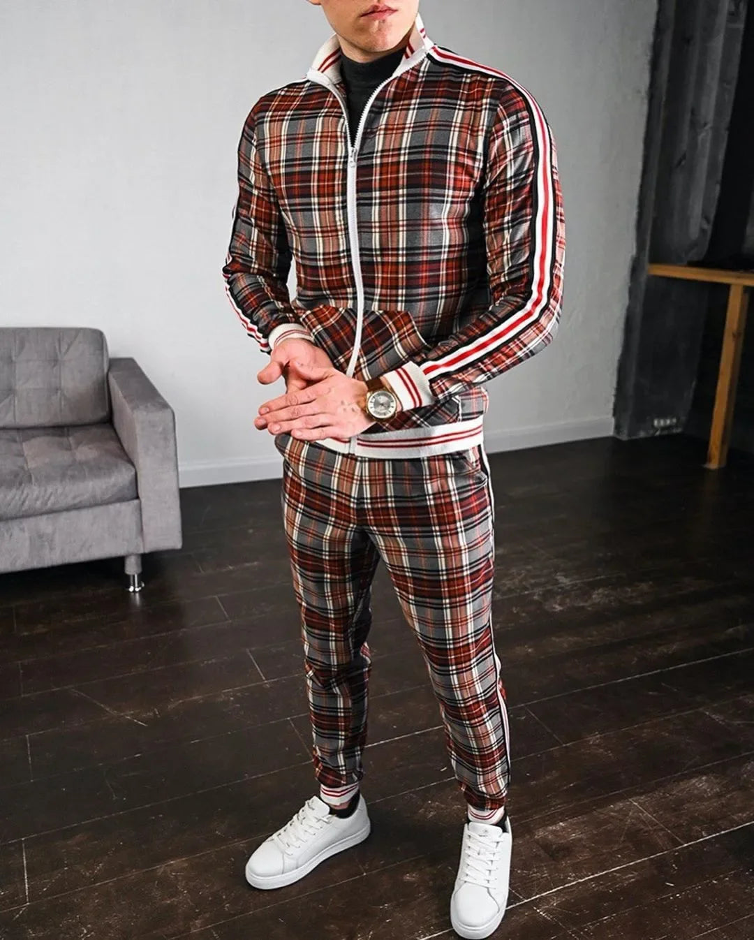 2-pce Checkered Sports Shirt & Jogging Clothes