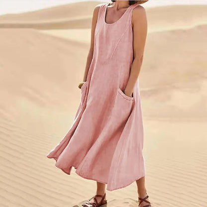 Cotton Linen Sleeveless Double Big Pocket Loose Dress