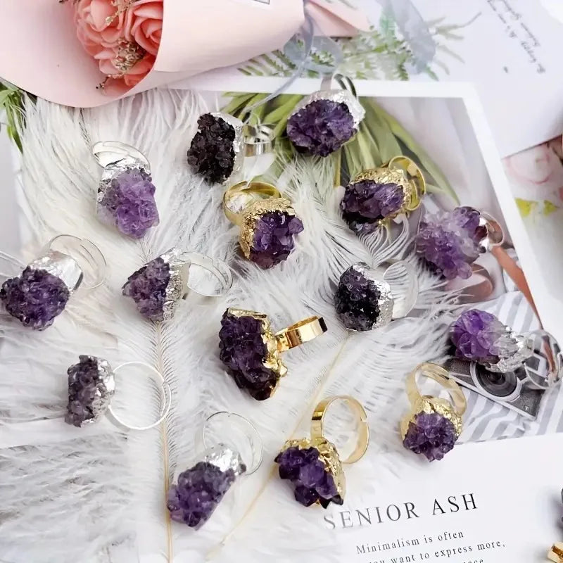 Natural Crystal Reiki Raw Irregular Amethyst Cluster Druzy Adjustable Finger Ring