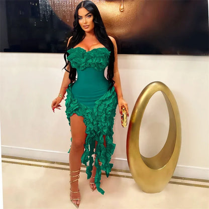 Women's Strapless Ruffle Tassel Irregular Maxi Evening Dress