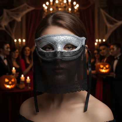 Retro Venetian Half-Face Mask with Veil for Masquerade & Costumes