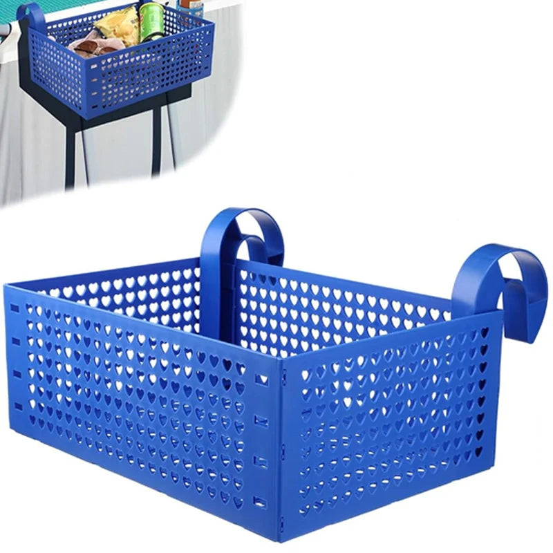 3-in-1 Above Ground Poolside Storage Basket with Cup Holder & Utility Hooks – Heavy-Duty Organizer for Pool Accessories