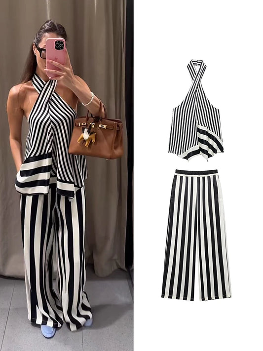 Women's Stripe Halter Top & Wide-Leg Pant 2-Piece Suit Set