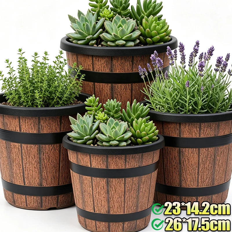 Retro Imitation Wood Plastic Barrel Planter for Garden & Bonsai