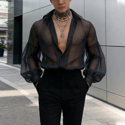 Men's Mesh Patchwork Long Sleeve Shirt - See-Through Sheer Party Streetwear Top