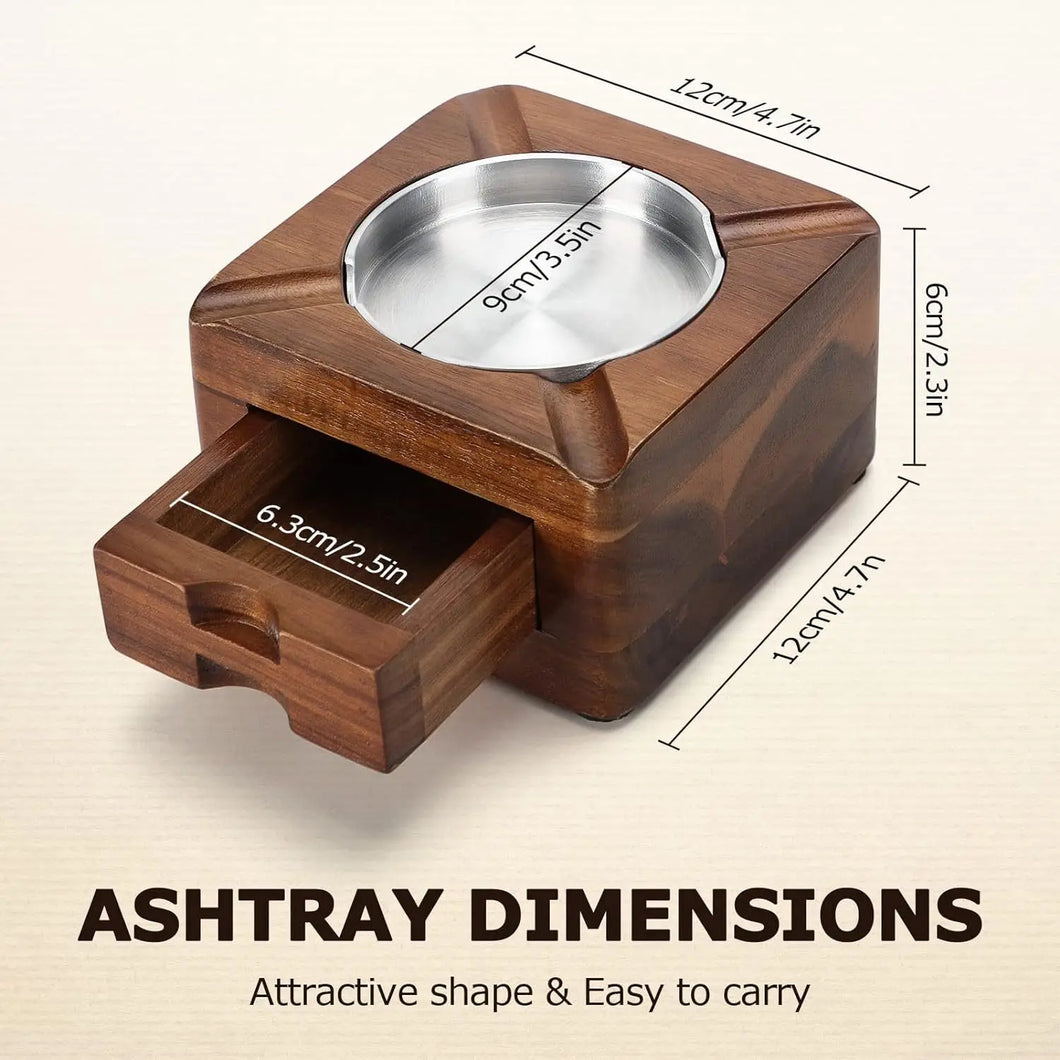 Wood Ashtray Box Cigar Holder with Tobacco Drawer for Cigar Cutter & Tobacco